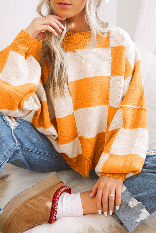 Pull femme à carreaux — orange-P3014