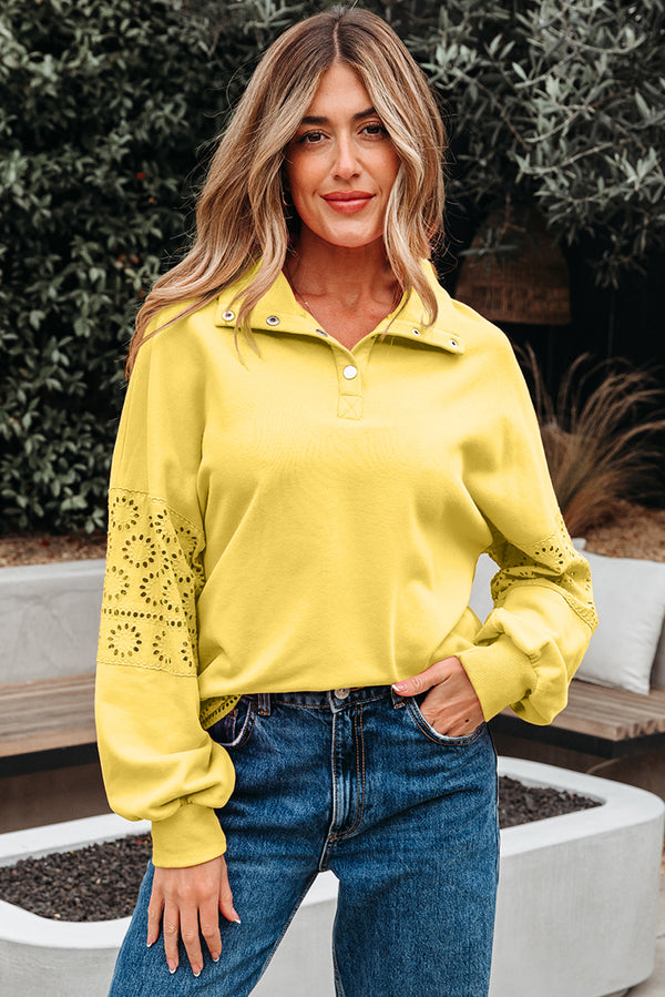 Sweat femme brodé, patchwork, boutonnée — jaune