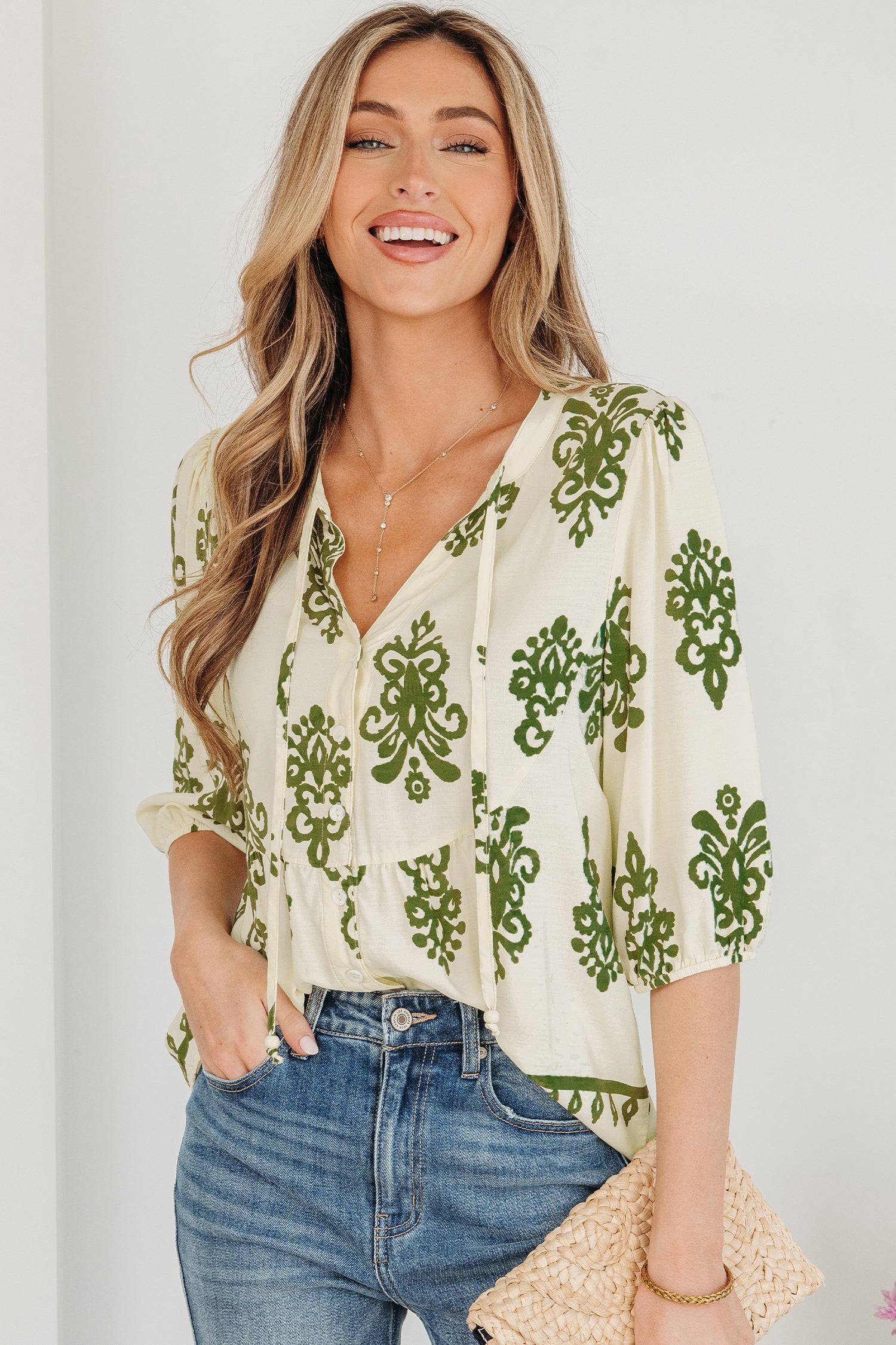 Chemise femme floral, boutonnée, manches 3/4, col V — abricot