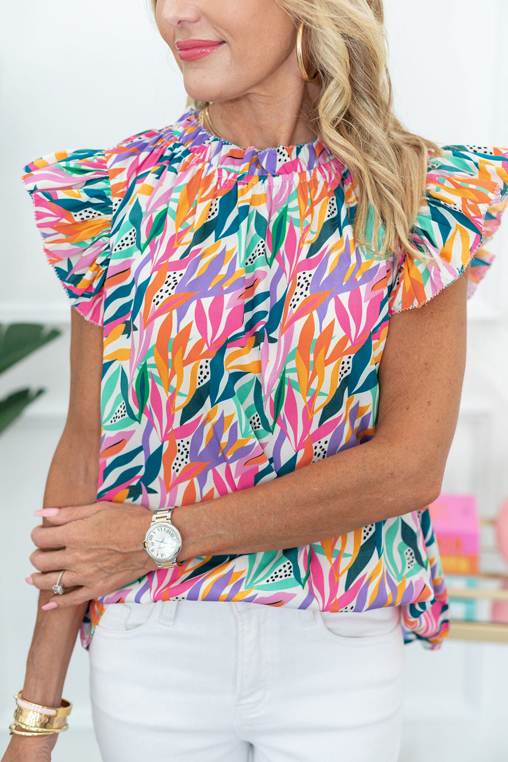 Blouse femme floral, à volants — rouge rose