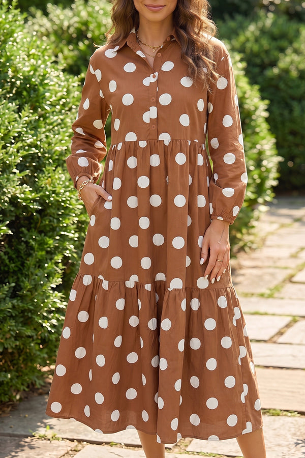 Robe femme pois, boutonnée, manches longues — marron
