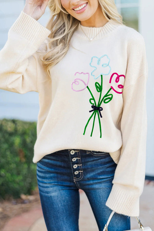 Pull femme brodé, ample, côtelé — blanc
