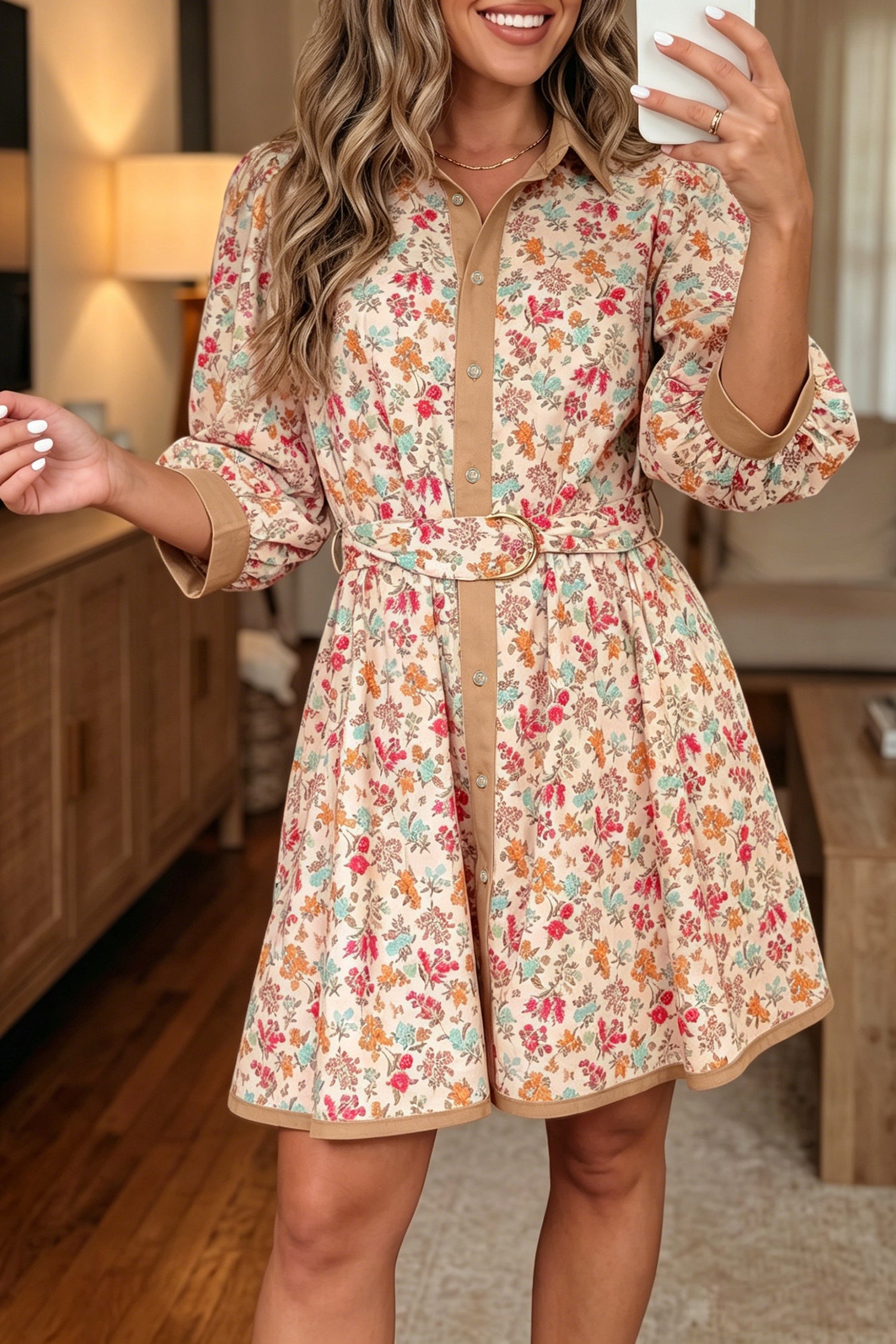 Robe courte femme floral, ceinturée, boutonnée, colorblock — orange
