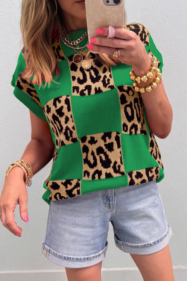 Pull femme léopard, en maille, manches courtes — vert