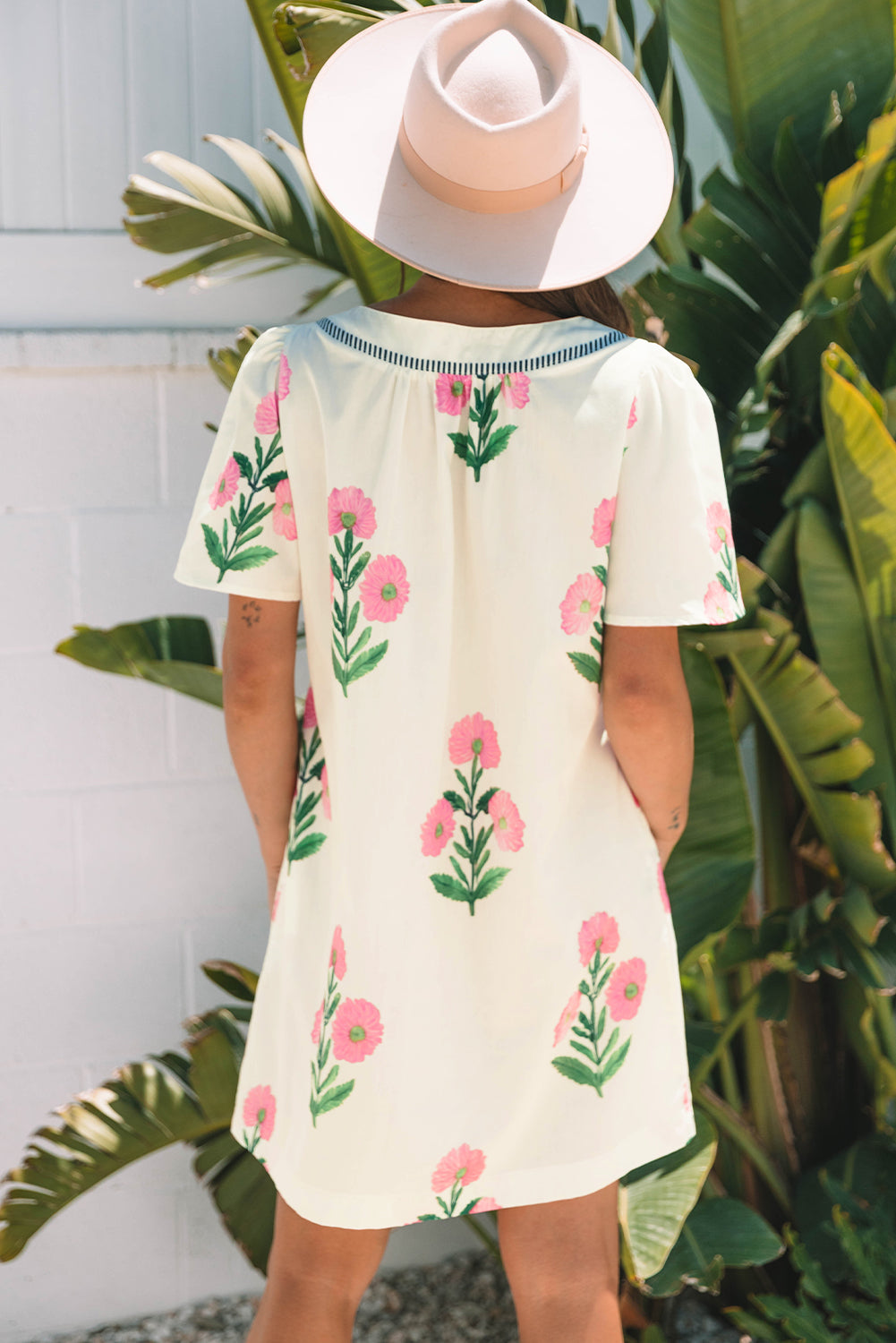 Blue floral à manches courtes couche divisée mini robe lâche