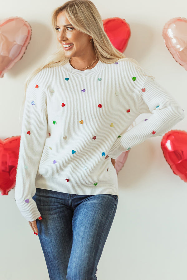Pull femme paillettes, gaufré, en maille, col rond — beige
