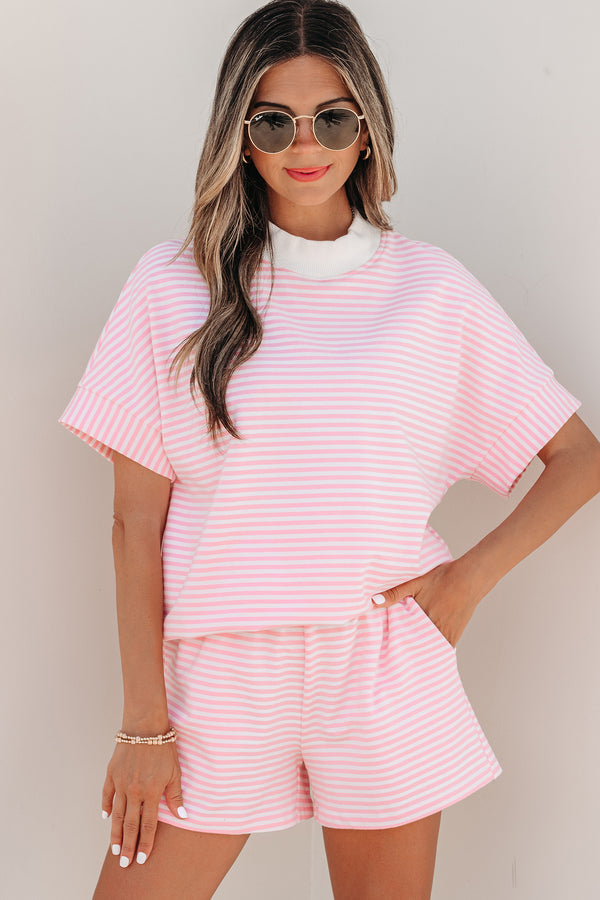 Ensemble femme rayé, col montant, casual — rose