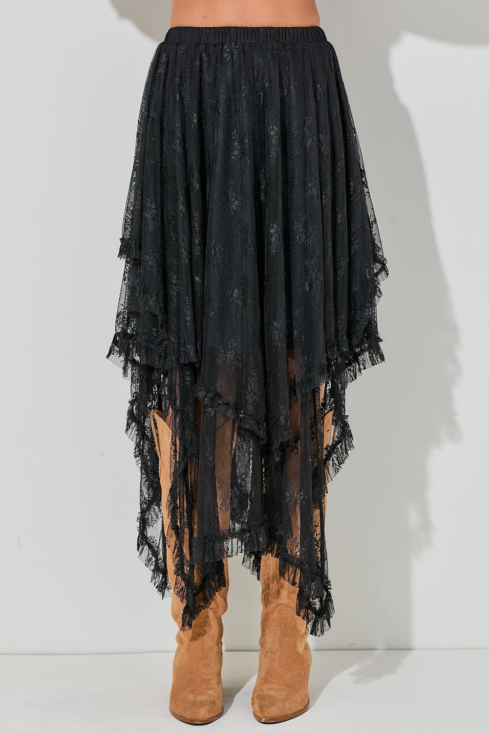 Jupe femme à étages, taille haute, maxi — noir