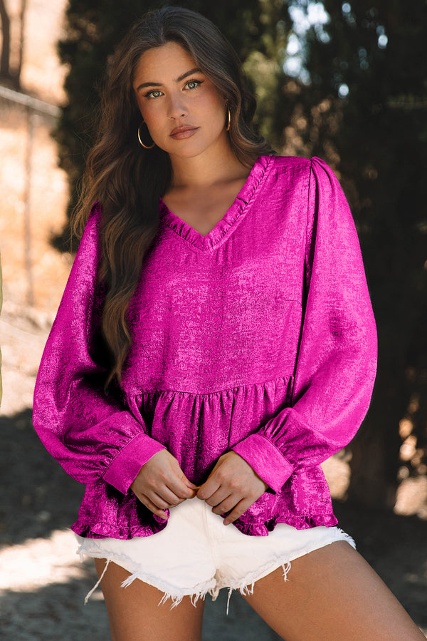 Blouse femme métallisé, manches bouffantes, col V — rouge rose