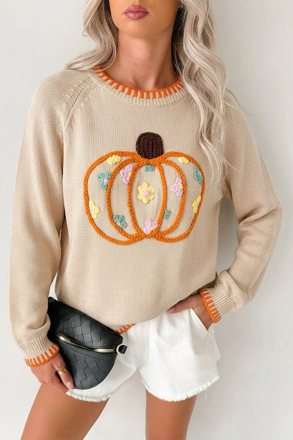 Pull femme broderie florale, manches longues, col rond