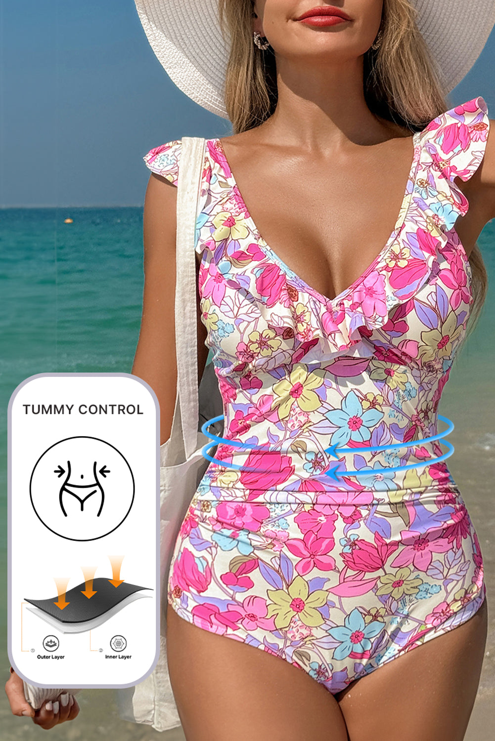 Maillot femme floral, à volants, col V — rose