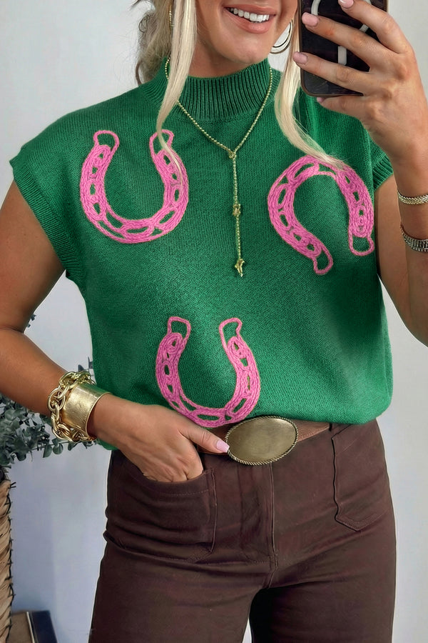 Pull femme manches courtes, col montant, côtelé — vert