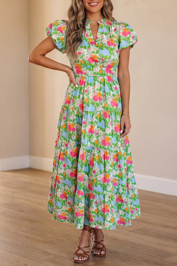 Robe longue femme floral, manches bouffantes, col V, maxi — vert