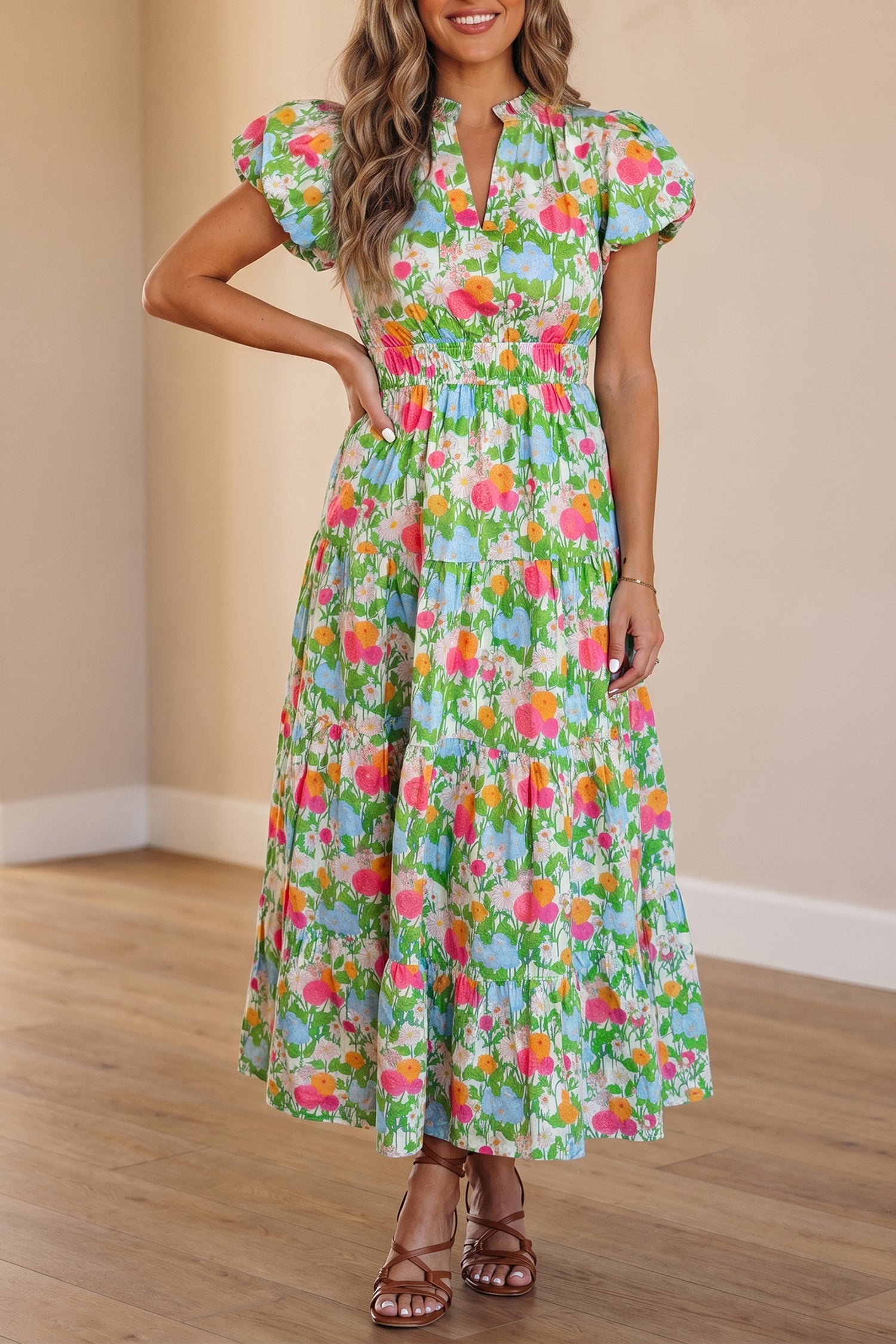 Robe longue femme floral, manches bouffantes, col V, maxi — vert