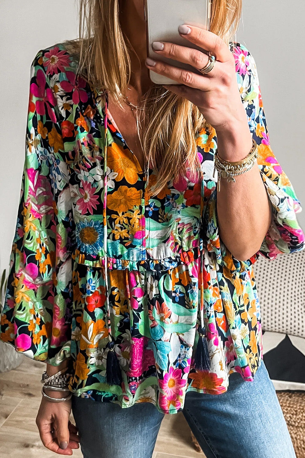 Blouse femme floral, à volants, manches ballon, col V — multicolore