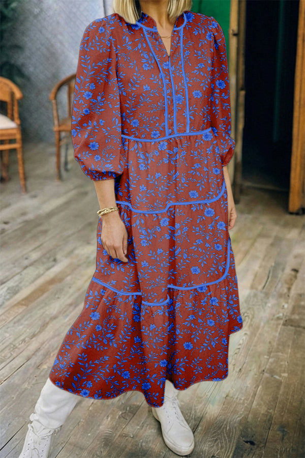 Robe femme floral, à étages, manches bouffantes, ample — marron