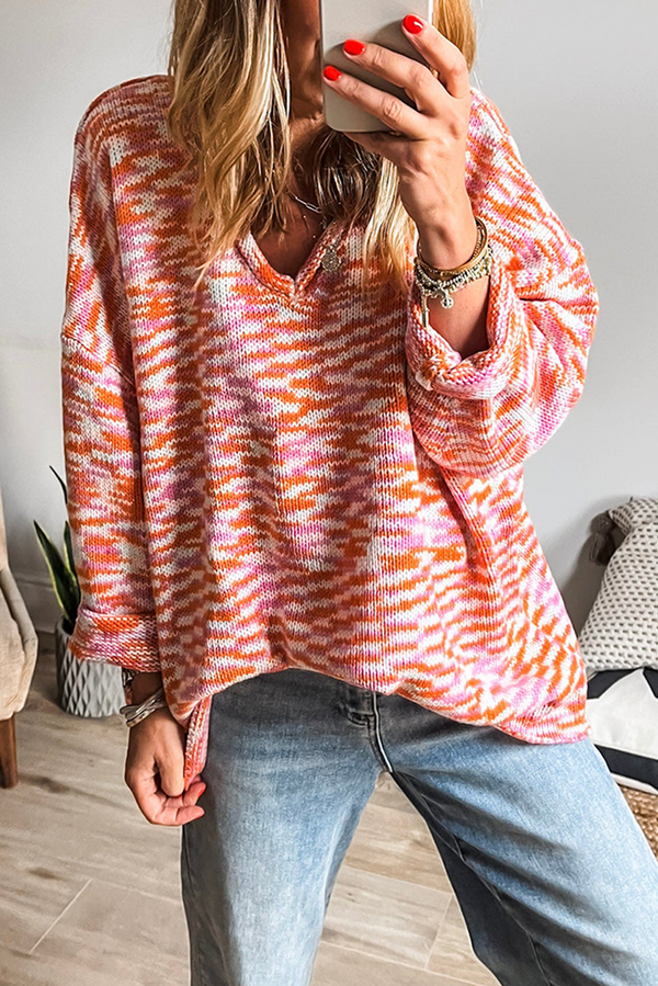 Pull femme épaules tombantes, col V, oversized — orange