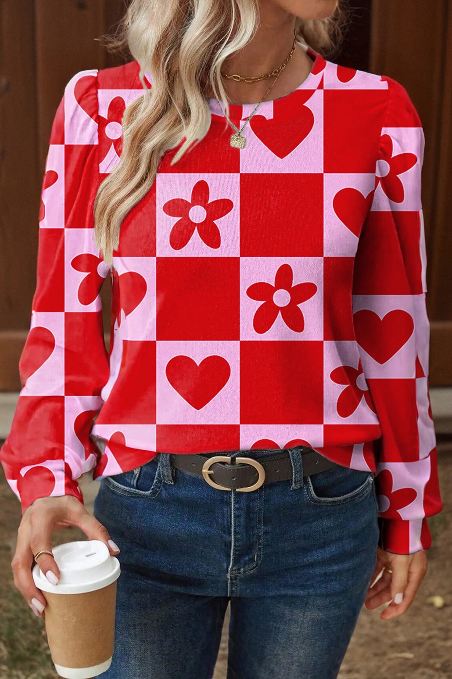 Red Dotted Heart Festive Valentine Blouse femme