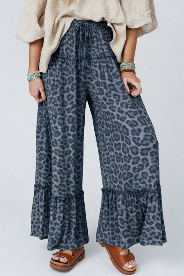 Pantalon femme léopard, à cordon, jambe large — gris
