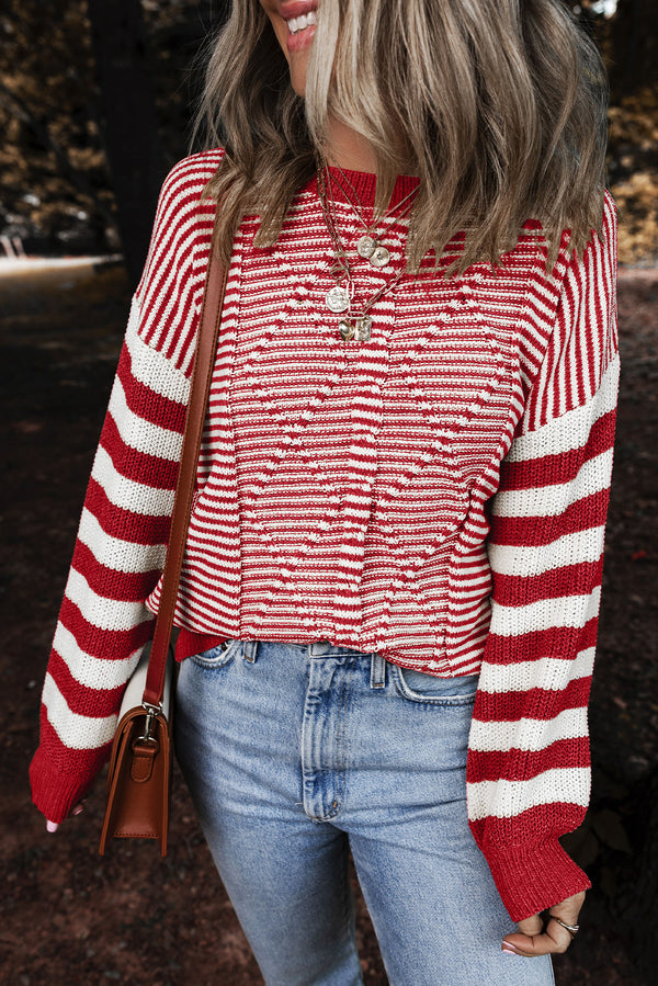 Pull femme rayé, épaules tombantes — rouge