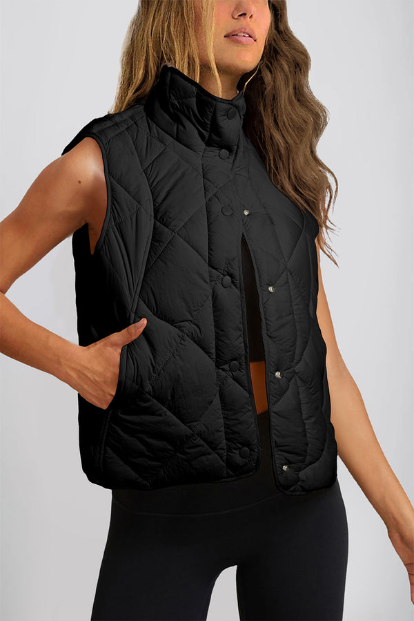 Manteau femme boutonnée, poches, col montant — noir