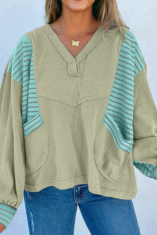Pull femme rayé, patchwork, gaufré — vert