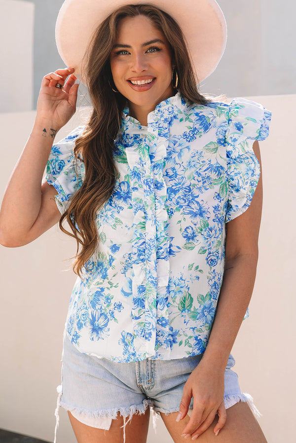 Chemise femme floral, à volants, boutonnée — bleu ciel