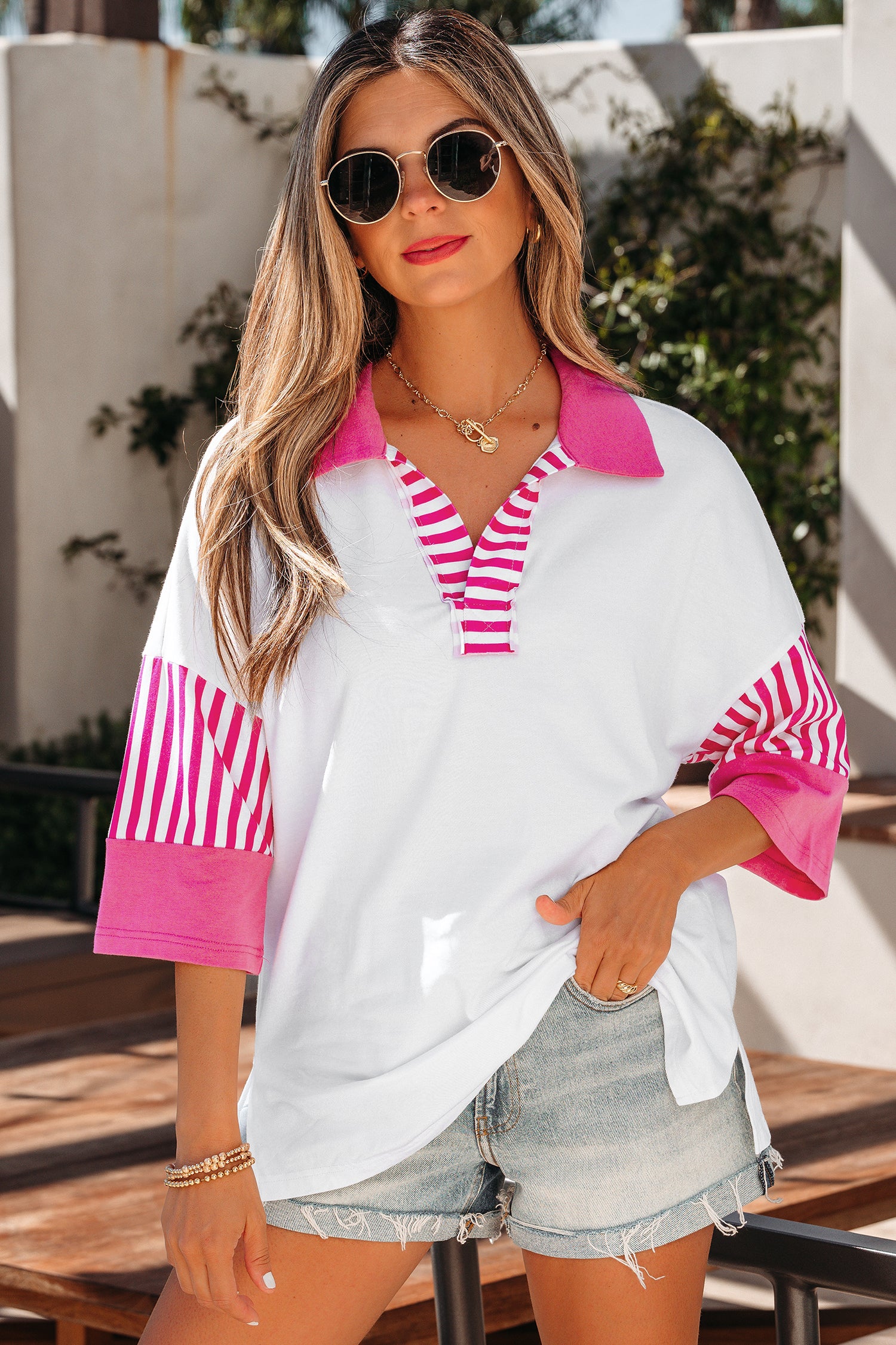 T-shirt femme rayé, patchwork, manches 3/4, colorblock — blanc
