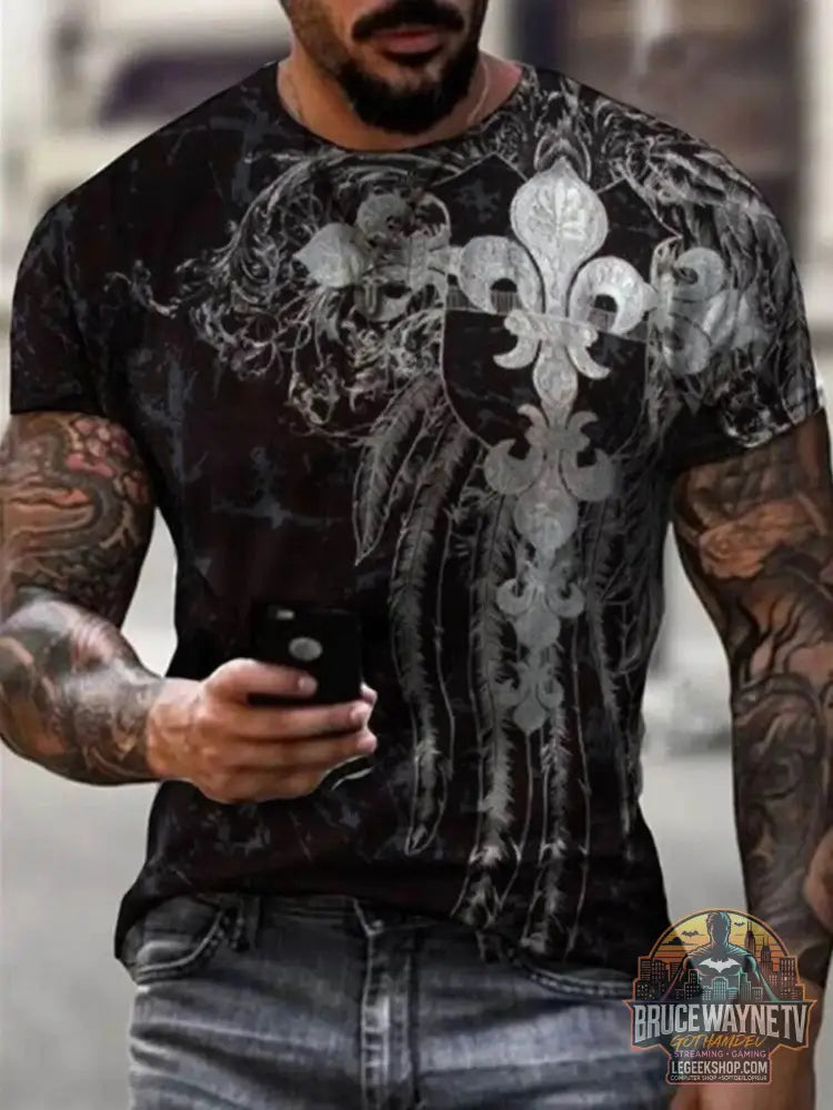 T-shirt homme grande taille imprimé avec design noir et argent élégants pour un style moderne