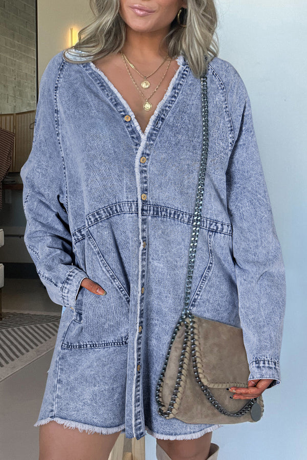 Robe femme boutonnée, poches, manches longues, denim — bleu ciel-P804