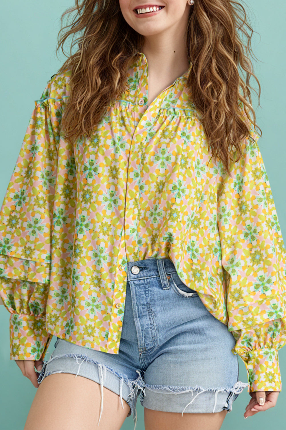 Chemise femme floral, manches bouffantes — vert