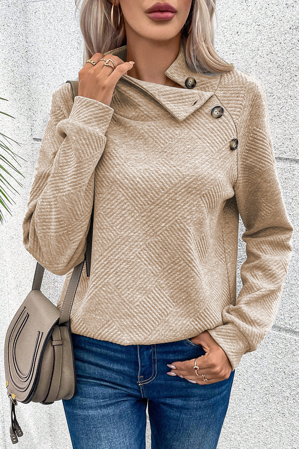 Sweat femme boutonnée, col montant — abricot