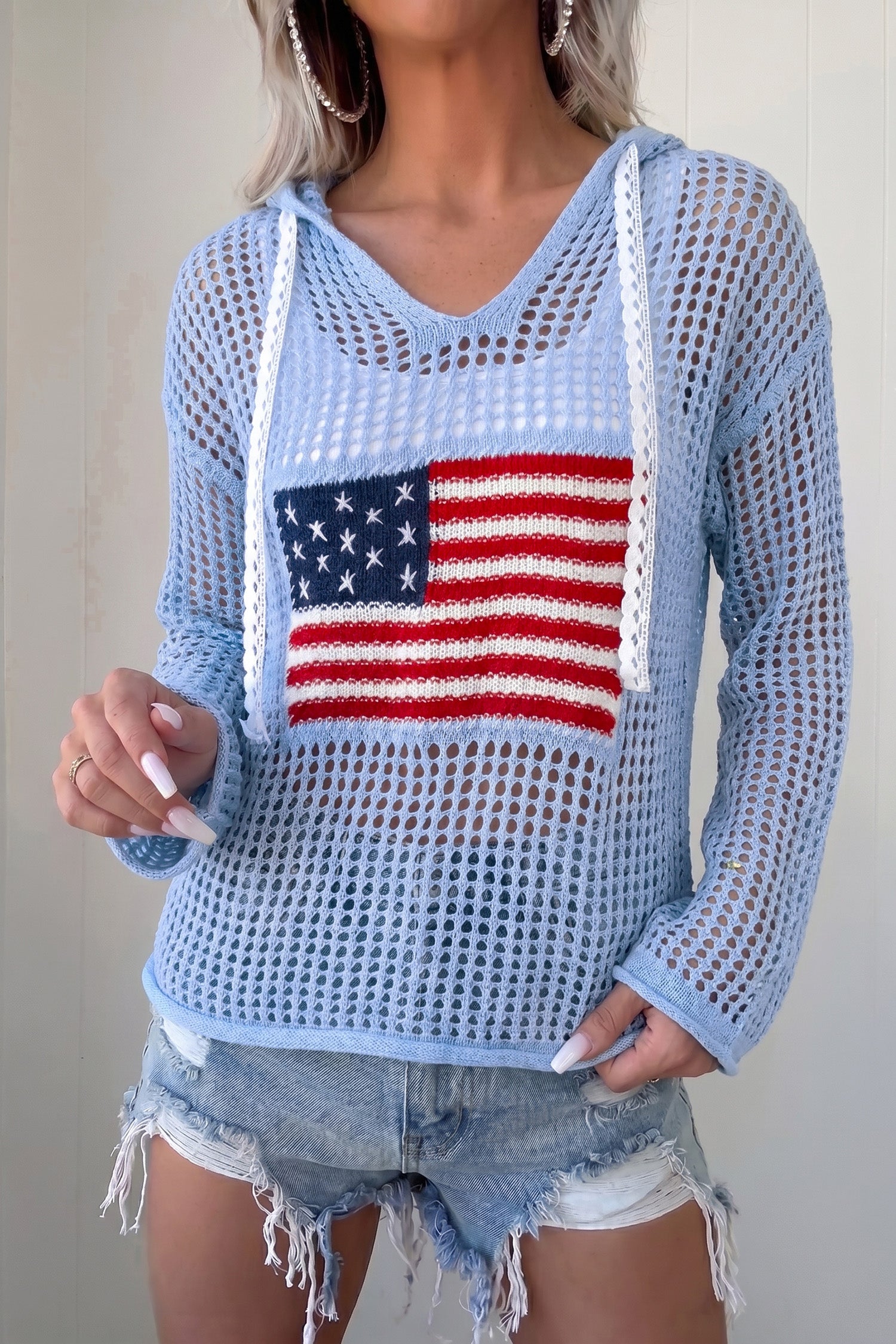 Beau Blue Hollow Out Crochet Knit American Flag Patched Sweater Hoodie femme