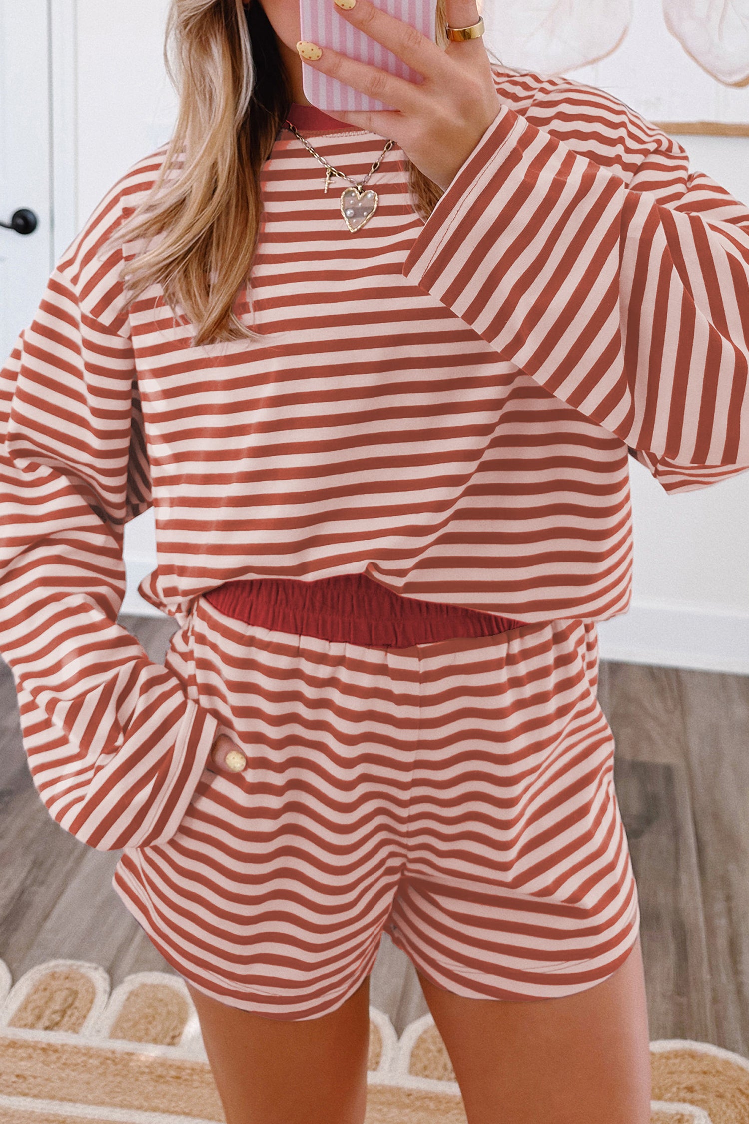 Ensemble femme rayé, manches longues, taille élastique — marron-P1719