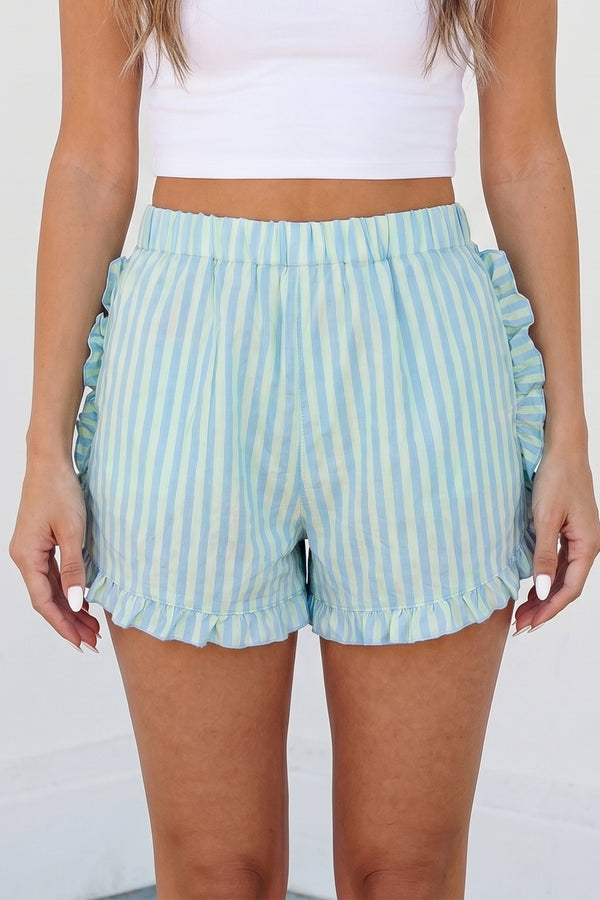 Short femme rayé, à volants, taille élastique, casual — bleu ciel