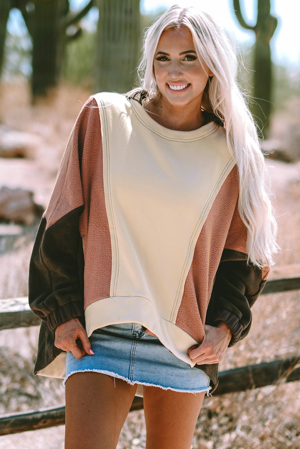 Beige Oversized Color Block Patchwork High Low Hoodie femme