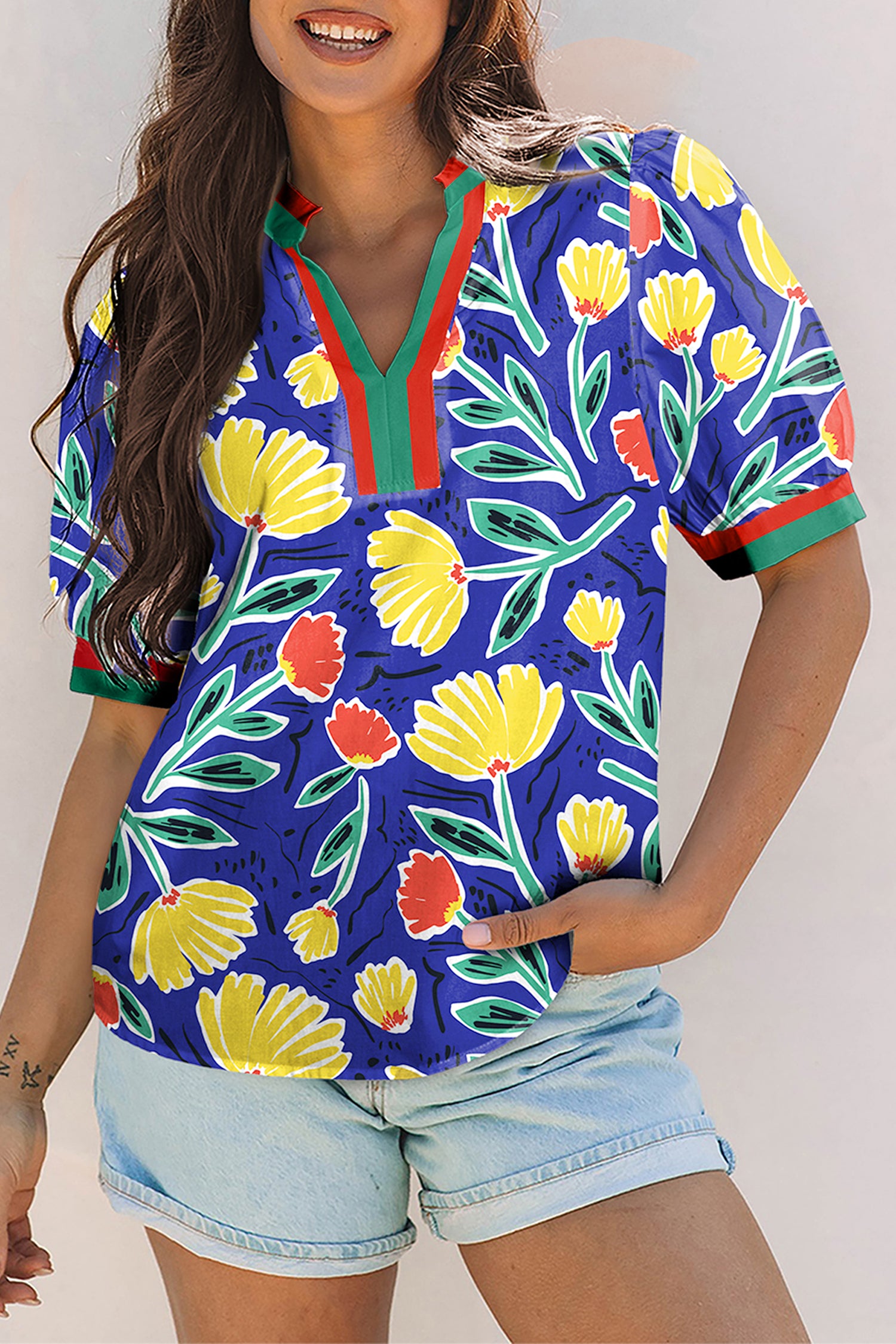 Blouse femme floral, rayé, patchwork, manches courtes, col V — bleu