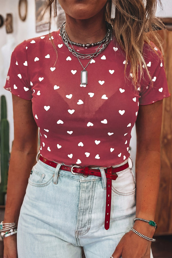 Haut femme transparent, manches courtes — rouge