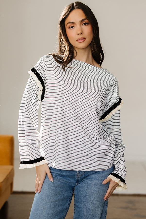 Haut femme rayé, à volants, manches longues, ample — blanc