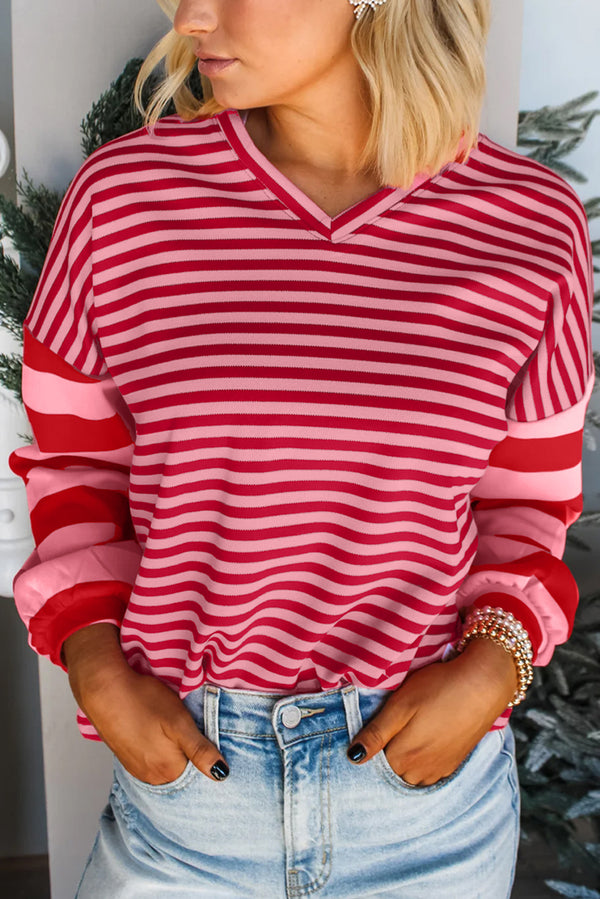 Pull femme rayé, patchwork, épaules tombantes, col V — rose
