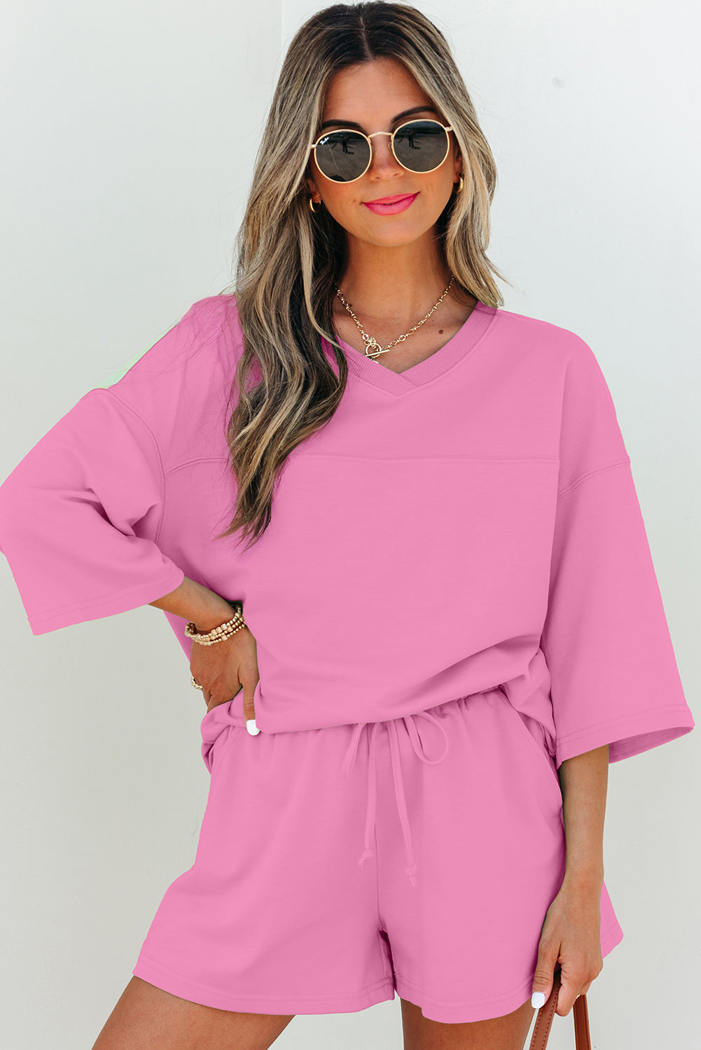 Short femme manches 3/4, col V, ample, uni
