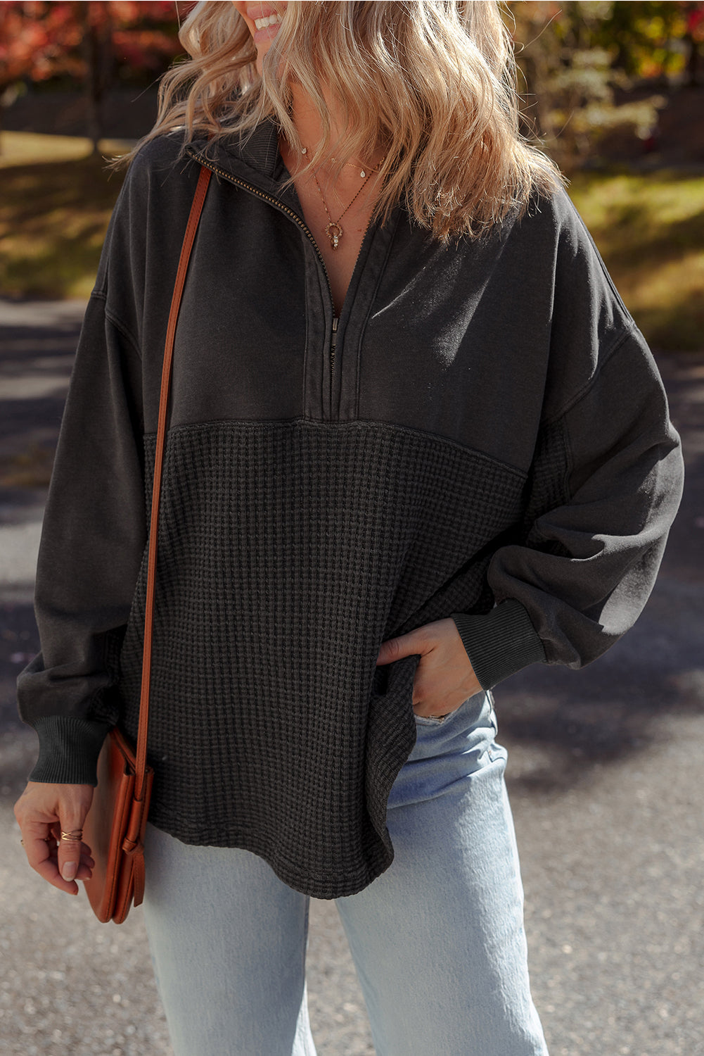 Sweat femme patchwork, gaufré, en maille, zip, casual — gris