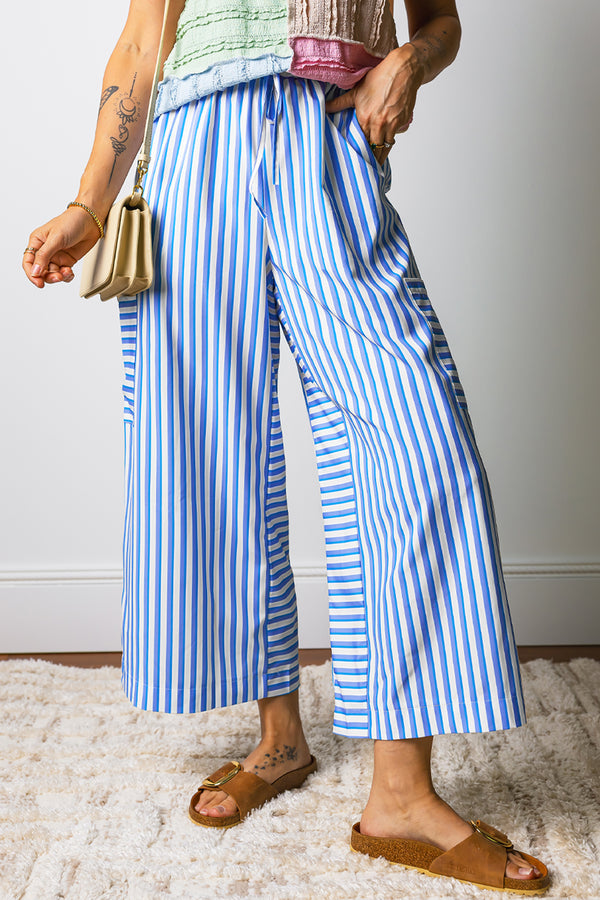 Pantalon femme rayé, à cordon, poches, taille élastique, jambe large — bleu ciel