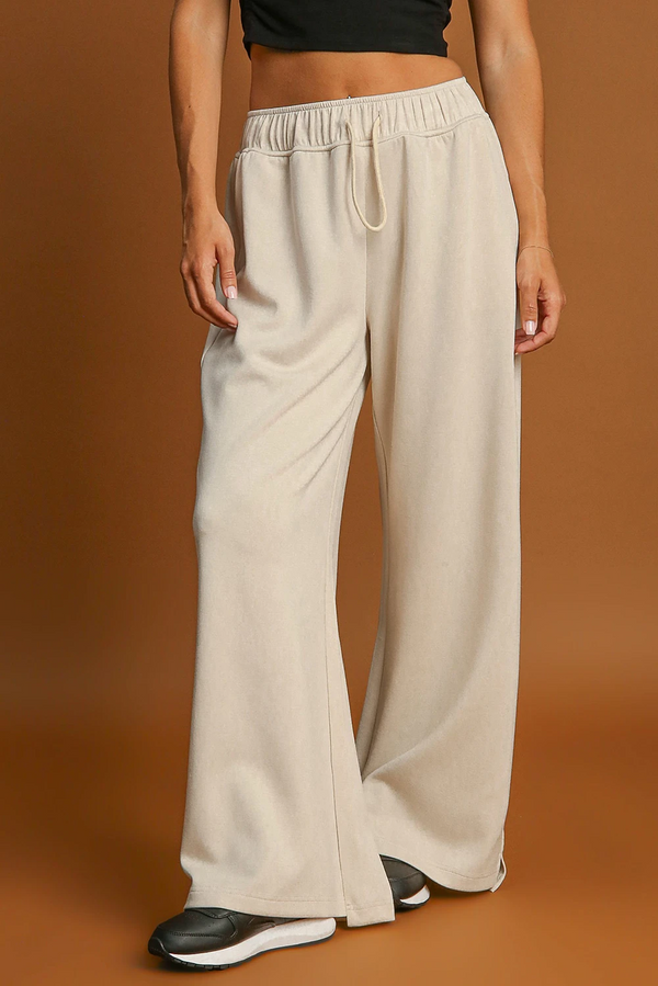 Pantalon femme à cordon, taille élastique, jambe large, casual — abricot