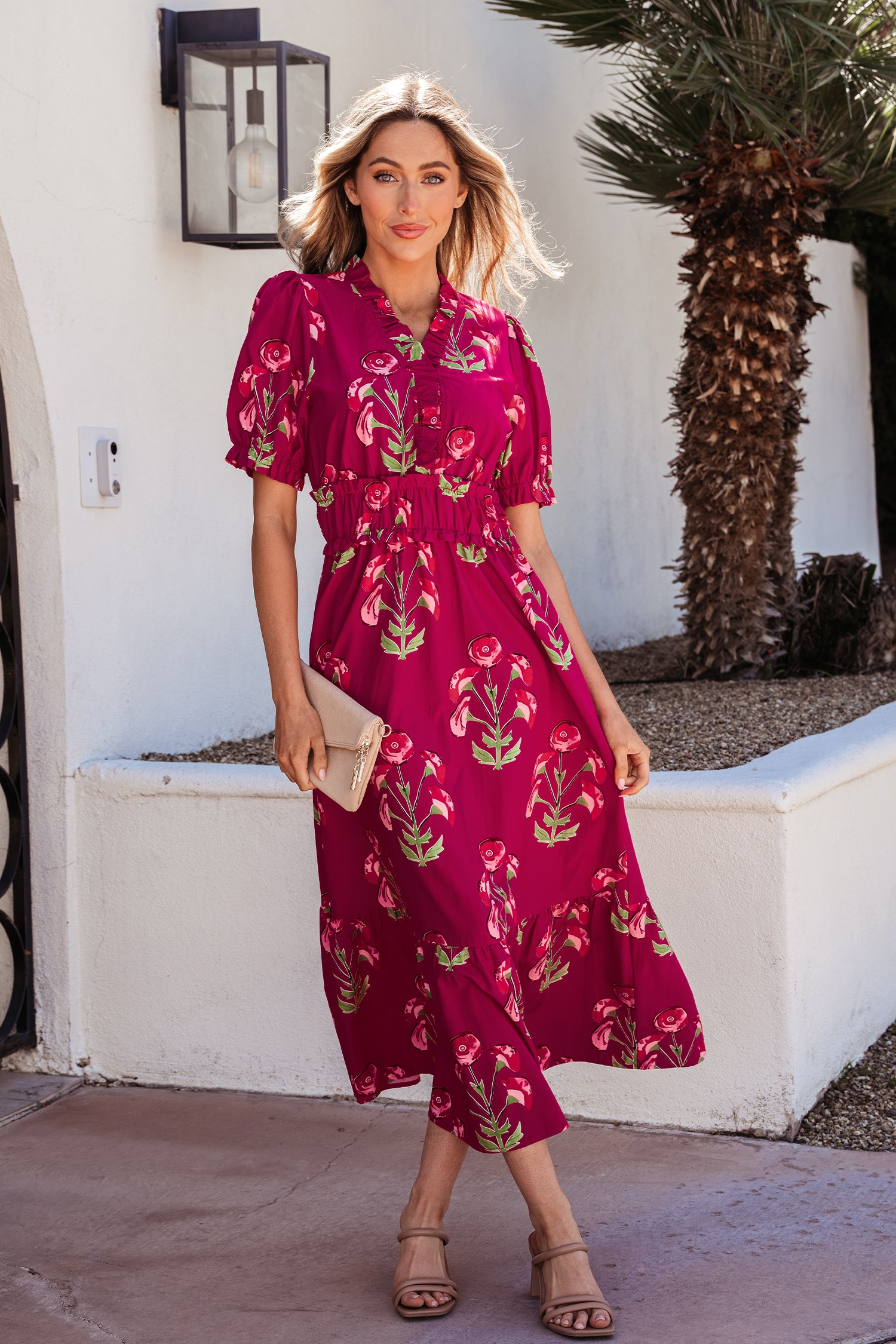 Robe longue femme floral, à volants, manches courtes, col V, maxi — rouge
