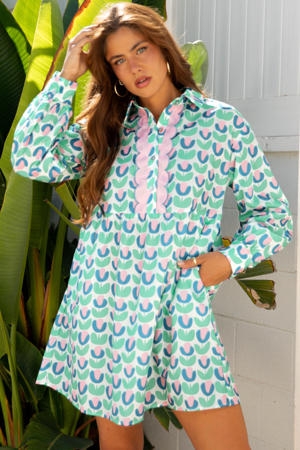 Robe courte femme floral, manches longues, festonné — vert