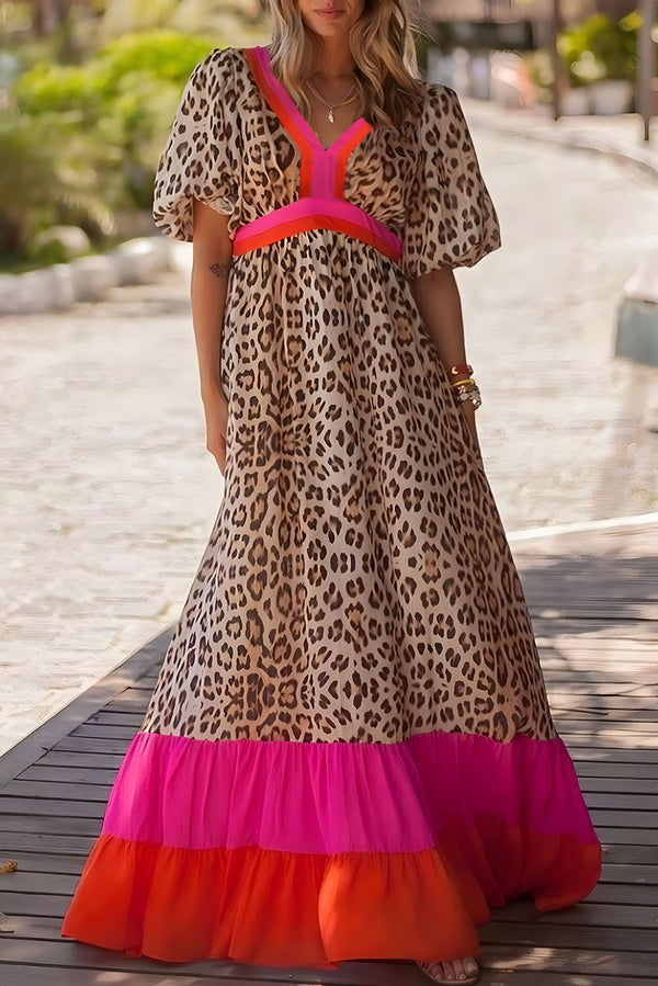 Robe longue femme léopard, patchwork, manches ballon, colorblock, maxi — rose vif
