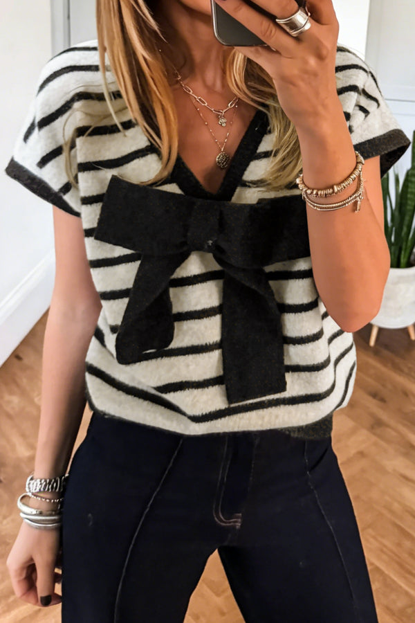 Pull femme rayé, manches courtes — noir