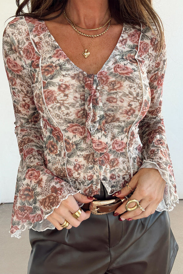 Blouse femme floral, col V — rouge