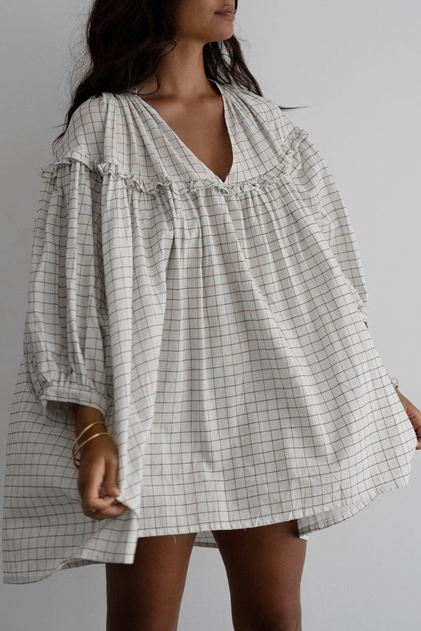 Robe femme rayé, à carreaux, manches bracelet, col V — blanc